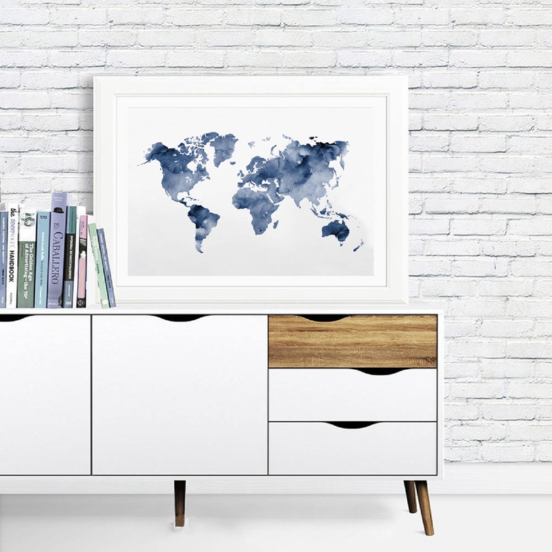 Blue World Map Print Navy Map  - Star Map Poster ulasan dan harga